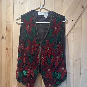 Black Velvet Christmas Poinsettia Sequin Beaded Vest
